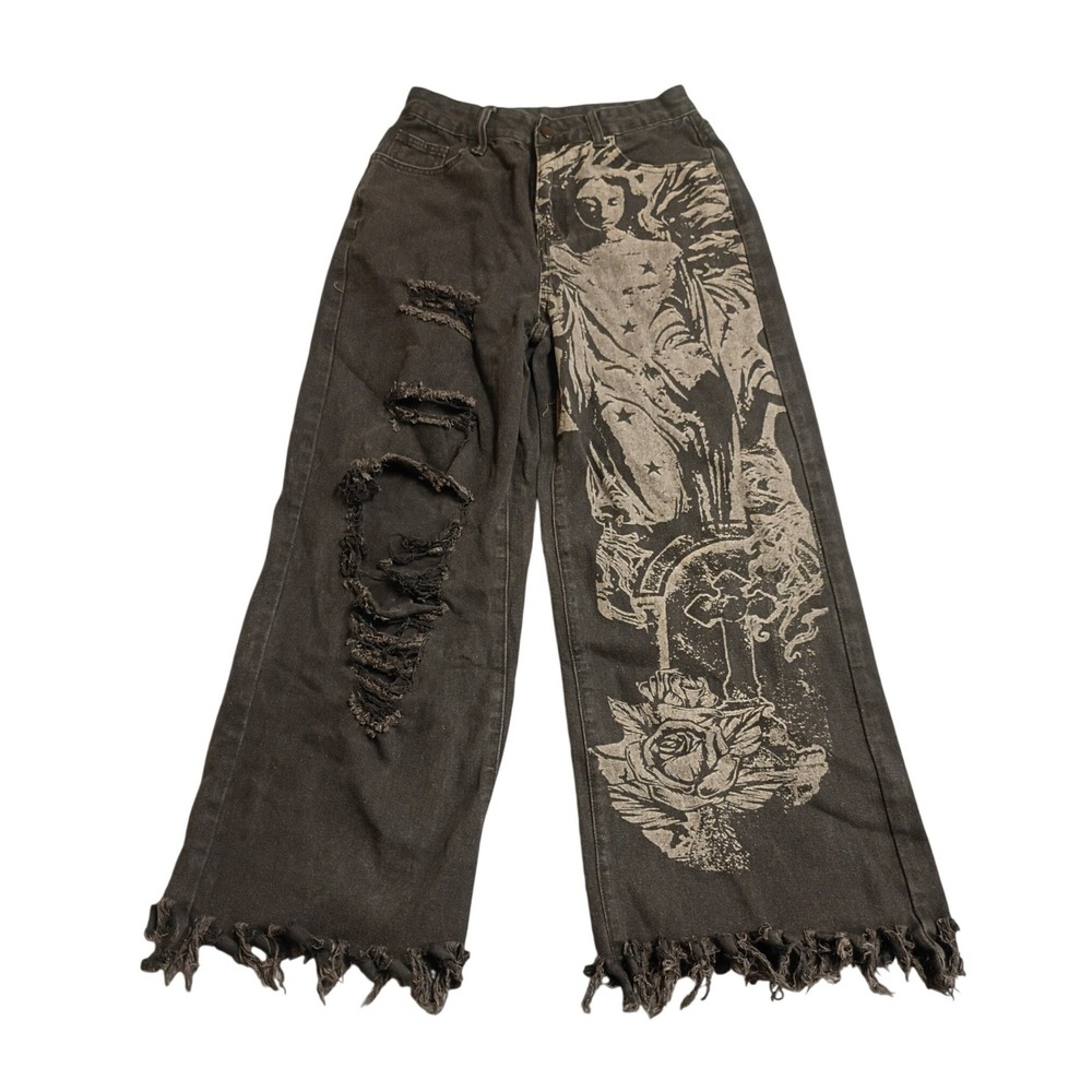 Romwe Wide Leg Graphic Jeans Womens 6 Black Angel Rose Distressed‎ Grunge Alt